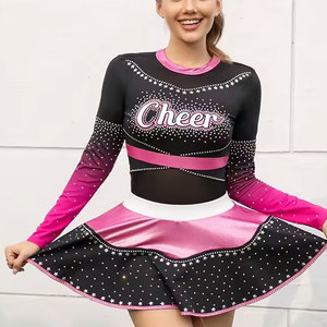 Uniforme de cheerleading Econex pour femmes adultes, noir et rose, ensemble jupe à manches longues, polyester, imprimé par transfert thermique, strass - Product Image 6