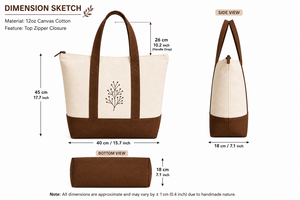 กระเป๋าผ้าแคนวาส AMANI ลายใบไม้ หูหิ้วสีน้ำตาล พร้อมซิปปิดฐาน ดีไซน์มินิมอล สำหรับช้อปปิ้งและเดินทาง - Product Image 2