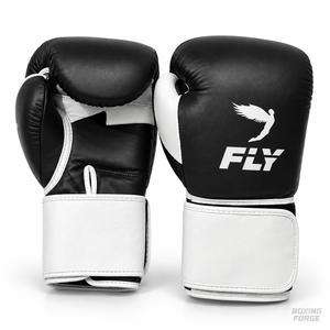 Gants de boxe en cuir Fly pas chers pour adultes, fermeture Velcro, design respirant, noir et blanc - Product Image 1