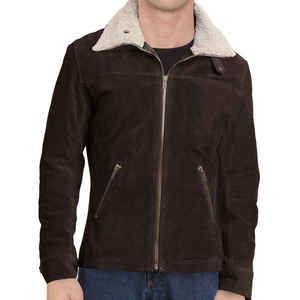 <b>Men</b> Brown <b>Suede</b> Sherpa Lined Moto <b>Jacket</b> Zipper Closure Winter Outerwear Regular Fit - Product Image 1