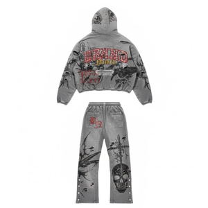 ชุดเซ็ตเสื้อฮู้ดดี้กราฟิกวินเทจ Y2K สีเทาประดับคริสตัลพร้อมกางเกงขาบานผ้าฟลีซหนานุ่ม สไตล์สตรีทแวร์สำหรับผู้ชาย พร้อมโลโก้แบบกำหนดเอง - Product Image 2