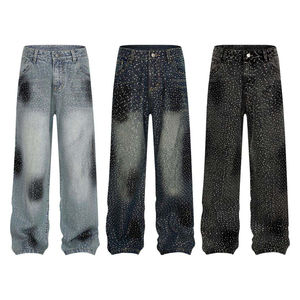 Pantalon en jean pour homme, coupe droite, rayé, personnalisé, style streetwear, avec strass, de haute qualité, délavé à l'acide - Product Image 1