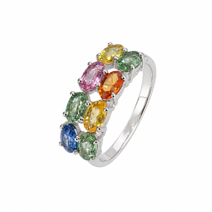 Multi Sapphire Classic <b>Ring</b> in 925 Sterling Silver <b>Rhodium</b> Plated Prong Setting for Anniversary & Engagement - Product Image 1