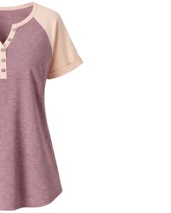 T-shirt pour femme en coton doux, couleur beige rose poudré, manches courtes, col Henley, coupe raglan, décontracté, respirant, confortable, idéal pour l'été et le quotidien - Product Image 4