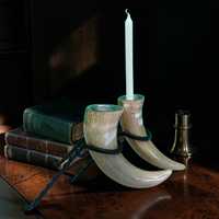 Ensemble de 2 bougeoirs décoratifs en corne de bœuf Viking avec support métallique – Vente Flash