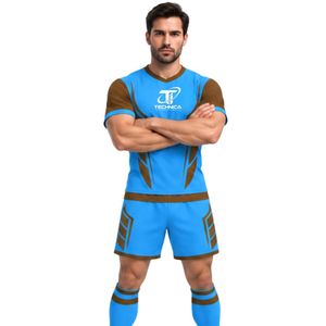 Conjunto de camiseta deportiva y pantalones cortos de manga corta para hombre, color azul cielo y marrón, uniforme de fútbol para entrenamiento de equipos deportivos - Product Image 3