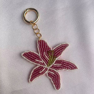 Handmade Pink Lily Flower Beaded Keychain Glass Seed <b>Bead</b> Key Ring Bag Charm Embroidery Plant Shape Pendant Gold Round Clasp - Product Image 1