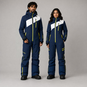 Traje de Esquí Personalizado Unisex Azul Marino de Una Pieza con Panel Blanco en el Pecho y Cremallera Amarilla, Traje de Nieve Impermeable para Parejas - Product Image 1