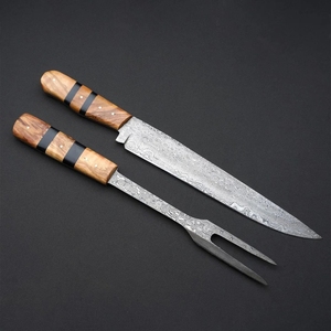 Juego de Cuchillos de Cocina de Acero de Damasco Hechos a Mano (2 Piezas) con Mango de Madera, Diseño Ambidiestro, Hoja de 12 Pulgadas - Regalo para Chef Profesional - Product Image 2