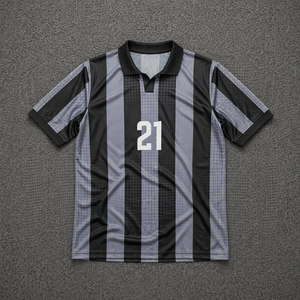 Retro Soccer Jersey Men's Black Grey Vertical Striped Polo Collar Football Shirt Custom Number OEM Teamwear - Product Image 1