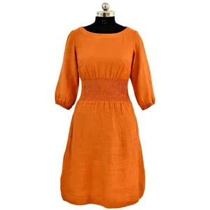 Women Rust Orange Cotton Linen Midi <b>Dress</b> Round Neck 3/4 Puff Sleeve Smocked Waist A Line Casual <b>Boho</b> <b>Dress</b> - Product Image 1