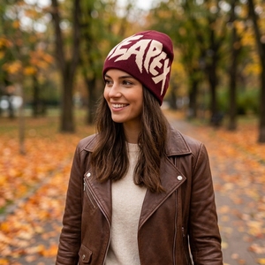 Maroon Cream Graphic Knit Beanie Hat Custom Logo Ribbed <b>Winter</b> <b>Cap</b> Unisex Streetwear Fashion Headwear Wholesale OEM Manufacturer - Product Image 3