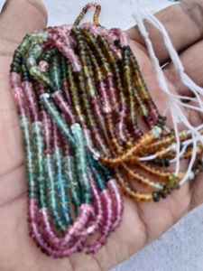Perles Rondelles Lisses en Tourmaline Naturelle Multi-Colorée, Taille 3-4mm, Fil de 15 Pouces, Perles de Pierres Précieuses en Vrac pour la Fabrication de Bijoux, Haram Gems Art - Product Image 1