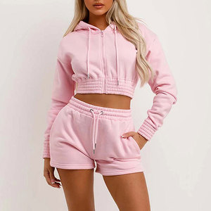 Affordable <b>Women</b> Crop Hoodie <b>Short</b> Set Custom Made Soft Lightweight Casual Wear Matching Hoodie And <b>Shorts</b> Wholesale - Product Image 1