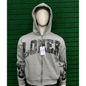 Sudadera con capucha gris con cremallera y estampado de llamas en las mangas, diseño urbano, corte regular, algodón French Terry, para hombre, diseño del fabricante - Product Image 1