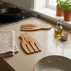 Utensilios de Cocina de Madera de Suar de Grado Alimenticio, Forma de Mano con Incrustaciones de Bambú Blanco, Color Marrón Claro, Elegantes y de Primera Calidad - Product Image 4