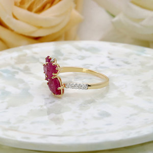 Bague asymétrique en or jaune massif 14 carats avec rubis et diamants, motif floral, bijoux fins, vente en gros, bague en pierres précieuses pour femme, cadeau - Product Image 3