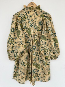 Robe courte en coton à imprimé floral beige et vert, coupe ample, vêtements décontractés pour femmes, tenue de plage, vacances, pique-nique, été - Product Image 4