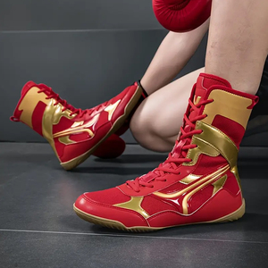 Red Gold High Top Boxing <b>Shoes</b> Lace-Up Breathable Leather Adults Martial Arts Training Kickboxing Gear - Product Image 4