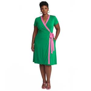 Vestido de hermandad para mujer, verde y rosa, con lazo en la cintura, manga corta, cuello en V, informal, elegante, estilo griego, atuendo midi con estilo - Product Image 3