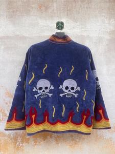 Premium Blue <b>Velvet</b> Skull Embroidered Suzani <b>Jacket</b> With Flame Pattern Full Sleeve Stand Collar Handmade Autumn Outerwear - Product Image 3