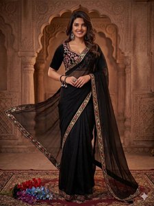 Sari de Seda de Lujo Premium con Bordado de Cuentas a Mano, Borde de Encaje y Blusa sin Coser de Diseño, Calidad de Exportación - Product Image 1