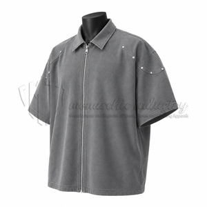 Chemise de travail utilitaire décontractée pour homme, grise, à manches courtes, zippée, en sergé, 100 % coton biologique, printemps, personnalisable OEM ODM - Product Image 3