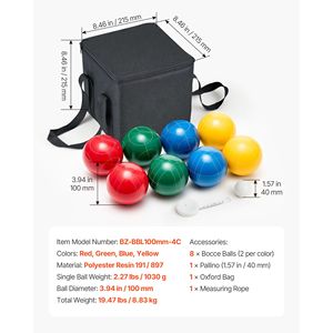 Set di Bocce da 100mm con 8 Palline in Resina (Rosso/Verde/Blu/Giallo), 1 Pallino, Borsa per il Trasporto e Corda di Misurazione - Gioco da Esterno - Product Image 3