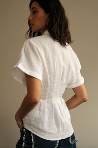 Camisa de Lino Blanca para Mujer, Blusa Ajustada de Manga Corta, Top de Verano con Cuello, Camisa de Lino Casual Personalizada - Product Image 4
