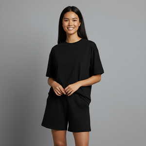 Ensemble court deux pièces pour femme avec logo personnalisé imprimé, 100 % coton, t-shirt et short amples et confortables pour femme - Product Image 3