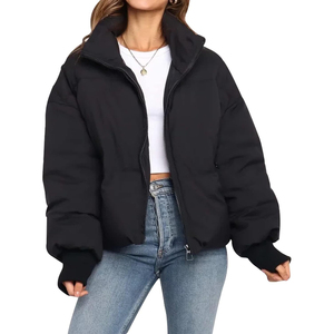 Women's <b>Cropped</b> <b>Puffer</b> <b>Jacket</b> Solid Color Stand Collar Zipper Closure Full Sleeve Winter Warm Thick Outerwear Best Selling - Product Image 3