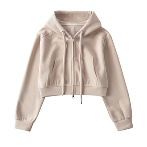 Women's Hooded <b>Zip</b>-<b>Up</b> <b>Crop</b> Hoodies Solid Color Long Sleeve Knitted Cotton Autumn Wear Hoodie Women - Product Image 1