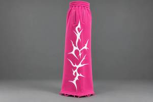 Pantalones de chándal anchos de cintura elástica media, transpirables, estilo Y2K, hechos a medida para mujer, color rosa intenso con dobladillo deshilachado, pantalones holgados. - Product Image 4
