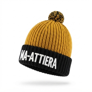 Bonnet en tricot personnalisé jaune et noir avec pompon, bordure côtelée, chaud pour l'hiver, avec logo brodé - Product Image 5