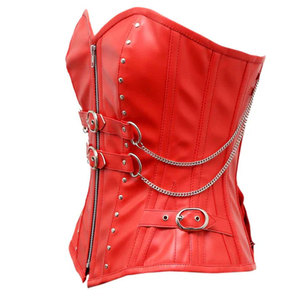 Women's Red PU <b>Leather</b> <b>Corset</b> Casual Style Waterproof V-neck Zipper Closure Strapless Outerwear with Chains and Studs - Product Image 3
