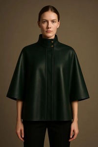 Capelet en cuir de mouton vert fait main, col haut, tenue tendance - Product Image 1