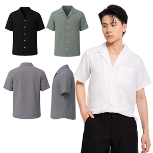 Chemises décontractées pour hommes en lin/coton à imprimé Dobby, séchage rapide, manches courtes, col en V, 140g, pour l'automne, OEM, vente en gros, personnalisables, détection par aiguille - Product Image 1