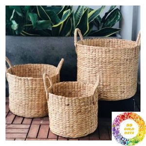Panier rond en jacinthe d'eau avec poignées, tissé à la main, organisateur de rangement pour linge, jouets, couvertures et articles ménagers - Product Image 3