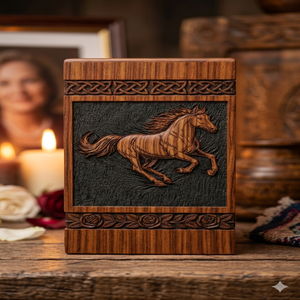 Wooden Cremation Urn Adult <b>Memorial</b> <b>Keepsake</b> Carved Horse Pattern Brown Desktop Funeral Supply - Product Image 4