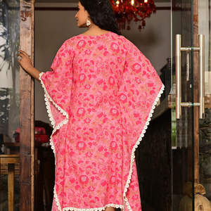 Robe Kaftan en Coton Rose à Imprimé Géométrique et Dentelle, Taille Naturelle, Tissée, Longueur Genou, pour Femme, Tenue Décontractée - Product Image 2
