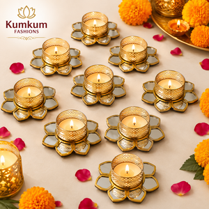 Trending Golden Lotus Mirror <b>Tealight</b> Candle <b>Holder</b> Indian Handcrafted Diya Stand Diwali Wedding Festive Home Decor Return Gifts - Product Image 3