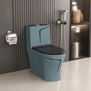 WC moderne monobloc à poser au sol en céramique, à double chasse, allongé, bleu-gris, avec chasse d'eau Tornado - Product Image 2