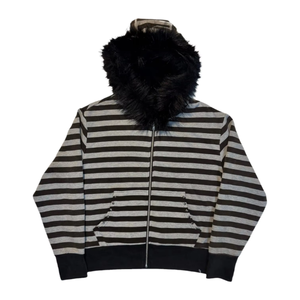Chaqueta de Punto a Rayas con Capucha para Mujer, con Capucha de Piel Sintética, Manga Larga, Ropa Casual de Invierno - Product Image 1