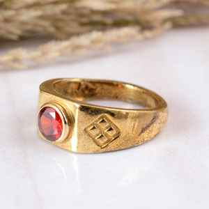 Wholesale Vintage Brass Signet <b>Ring</b> 14K Gold Plated Bold <b>Statement</b> Handmade Red Zircon Boho Hippie Style Daily Wear Unisex - Product Image 3