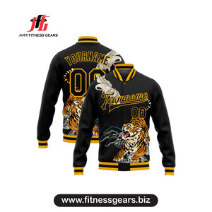 Chaqueta Varsity Negra a Rayas para Hombre JUST FITNESS GEARS, con Nombre y Número Personalizados, Estilo Casual para Otoño, Cierre de Botones y Cuello Camisero - Product Image 3