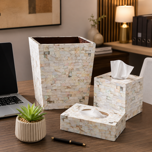 Luxury Mother of Pearl Bathroom Accessories Set | Handmade Tissue <b>Box</b> Waste <b>Bin</b> <b>Storage</b> Organizer for Eid Ramadan Wedding Decor - Product Image 3