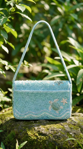 Light Blue, White, and <b>Green</b> Coastal Beaded Handbag, Sea Turtle & Starfish Under the Sea Shoulder Bag, Beach Theme <b>Purse</b> - Product Image 3