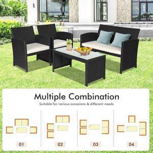 Set di 4 Mobili da Giardino in Rattan con Cuscini Resistenti alle Intemperie e Piano in Vetro Temperato, Arredamento da Esterno Durevole - Product Image 6