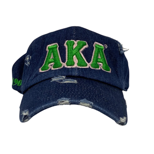 AKA Dark Denim Hat Green Embroidered Letter Baseball <b>Cap</b> Adjustable Washed Denim Headwear Casual Fashion <b>Vintage</b> Style <b>Cap</b> - Product Image 1