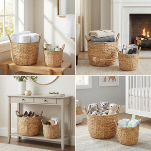 Cesta de Almacenamiento de Jacinto de Agua, Cesto Tejido en Espiga con Marco y Asas Metálicas, Almacenamiento Doméstico Ecológico - Product Image 4